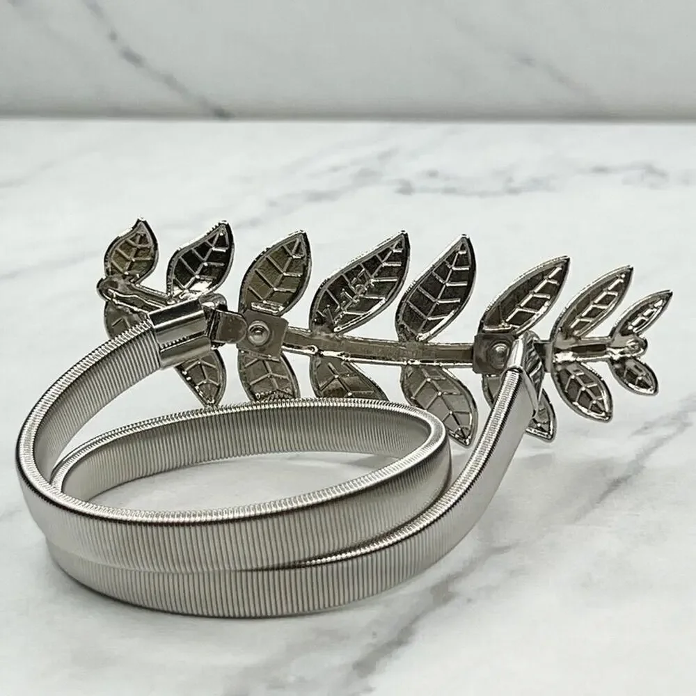 Silver Tone Leaf Leaves Buckle Coil Stretch Belt Youth Kids One Size OS